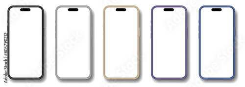 Mockup of a phone screen. Social media promotion. Advertising on a smartphone display. Device front view. 3D mobile phone with shadow. Cell phone. Black, silver, gold, purple and blue phones