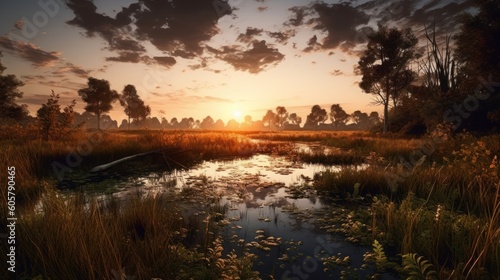 Beautiful landscape of wetland. Nature photography. AI generated