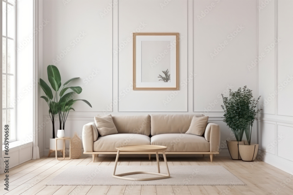 Step into this beautiful modern living room with natural light, a white couch, and green potted plants, highlighted by a mockup frame on the wall. AI Generative. Step into this beautiful modern living room with natural light, a white couch, and green potted plants, highlighted by a mockup frame on the wall. AI Generative.