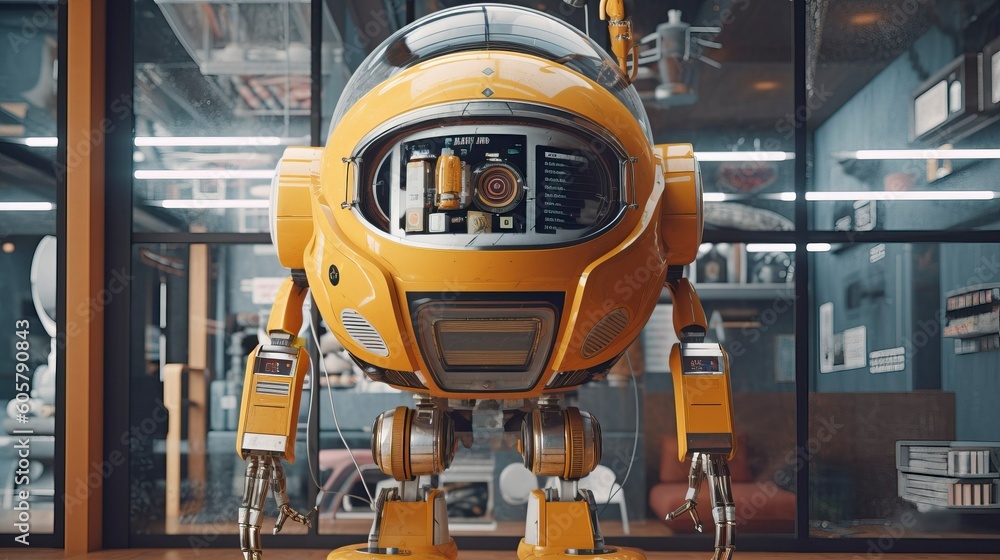 A portrait of a robot android cyborg in a steampunk factory, Generative AI