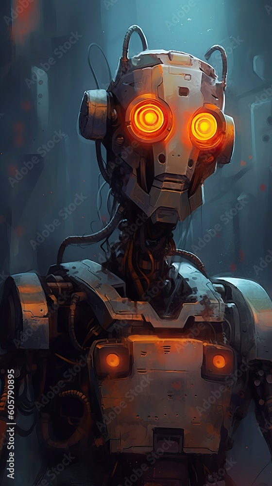 A portrait of a robot android cyborg in a steampunk factory, Generative AI