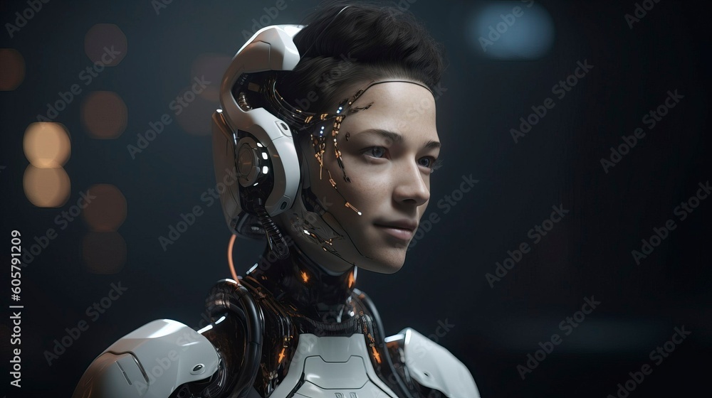 A cyborg humanoid robot in a futuristic setting, Generative AI A cyborg humanoid robot in a futuristic setting, Generative AI