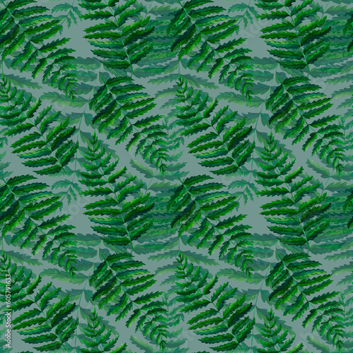 Seamless pattern fern watercolor hand painted illustration in green colors  greenery branch  twig  stem  forest plant isolated on grey background for wall art. Clip art for design