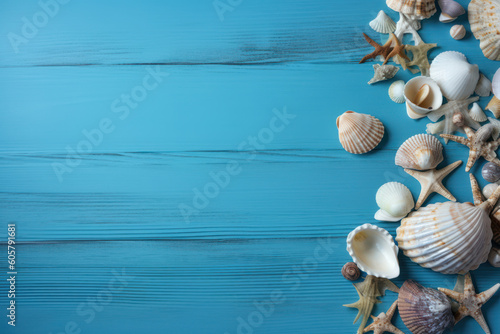 Summer time concept with seashells on a blue wooden background. Summer holidays concept. Flat lay, top view, copy space