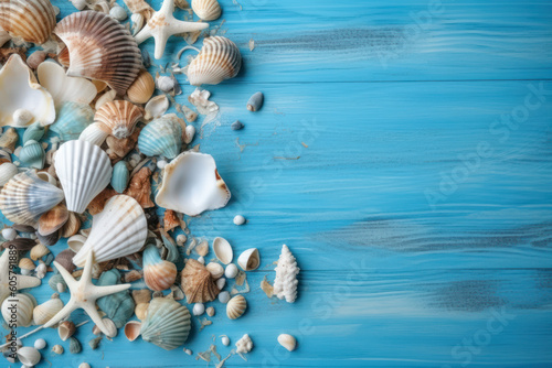 Summer time concept with seashells on a blue wooden background. Summer holidays concept. Flat lay, top view, copy space