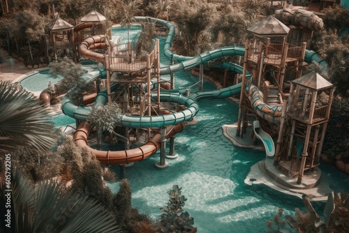 Water park with various slides and pools. Generative AI