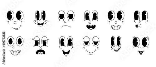 Cartoon funny retro character faces set. Comic 30s vintage faces with expressive eyes and playful mouths. Emoticons featuring a range of happy and sad emotions. Vintage cosmic smile for logo.