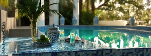 Moroccan design swimming pool in sunlight with refreshments -Generative AI © sizsus