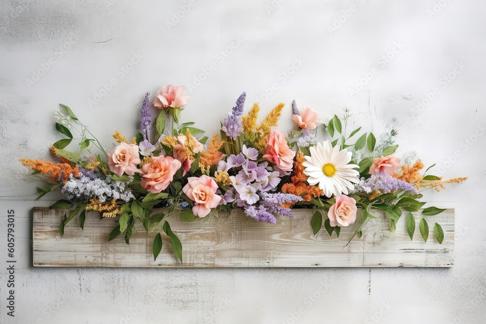 flower arrangement on a wooden plank on the wall