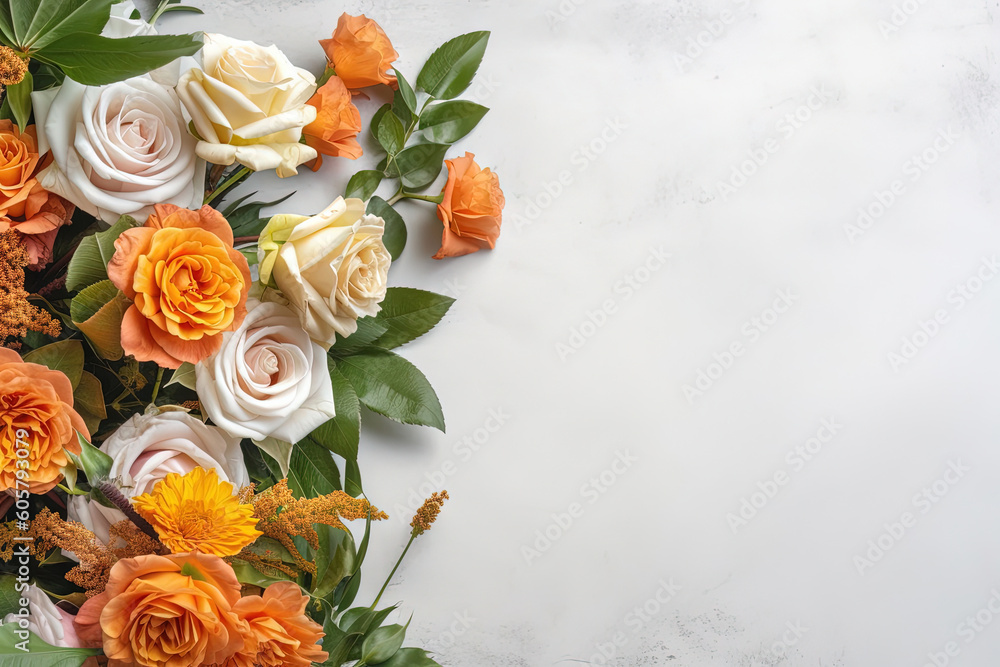 roses arrangement on the side over a grey background texture layflat