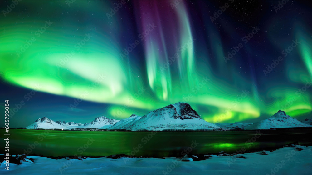 Colorful northern lights (Aurora Borealis) in nature sky (Generative AI)