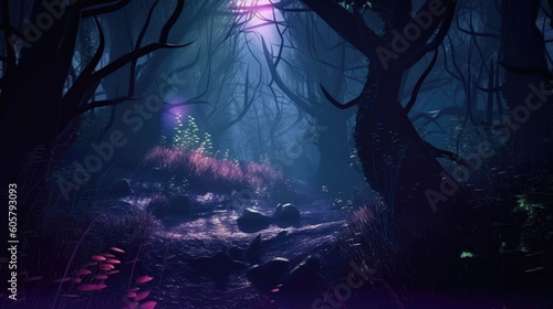 Dark fantasy fairytale forest at night (Generative AI)