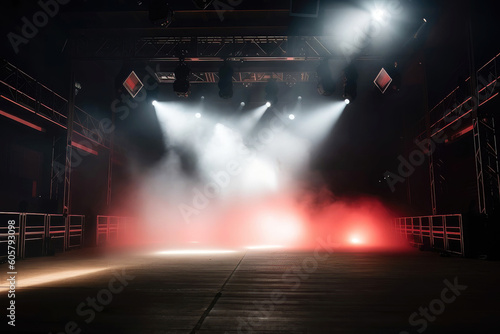 Empty stage in concert hall with spotlights and red light (Generative AI)