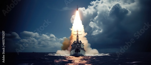 wide banner of missiles being launched out of warboats destroyers for military special navy missions concepts - Generative AI photo