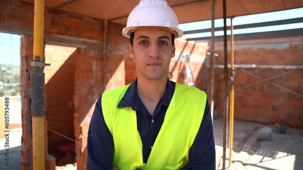Portrait of an Arab male worker inside a construction site. He is looking at the camera. He wears a high visibility vest and a white safety helmet. Active population concept. Portrait of an Arab male worker inside a construction site. He is looking at the camera. He wears a high visibility vest and a white safety helmet. Active population concept.