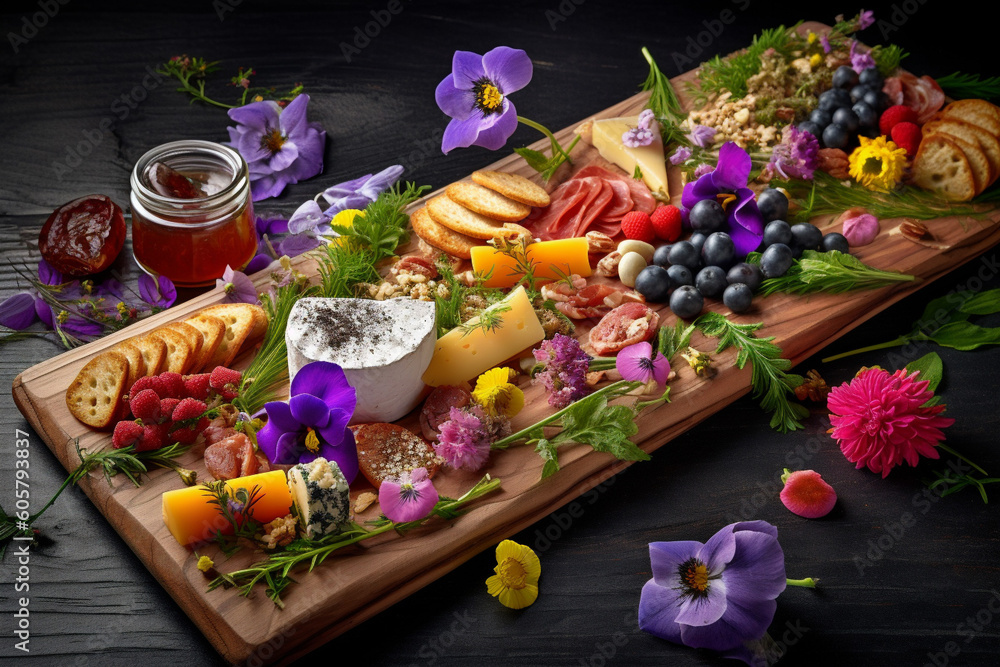 Beautiful Spring or Summer Appetizer Board with snacks and edible flowers. Close-up. Generative Ai content