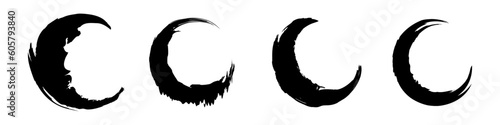 Set of black moon in grunge brush stroke style. Goth moon for design and prints. Vector illustration isolated on white background.