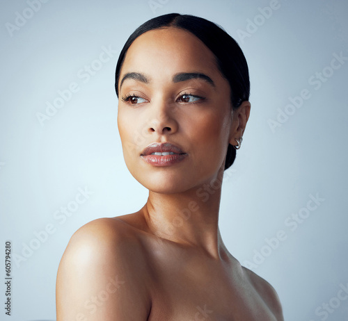 Skincare, beauty and woman in studio for body care, self love and natural cosmetic on grey background. Wellness, dermatology and female model relax with luxury pamper, smooth and soft glowing skin