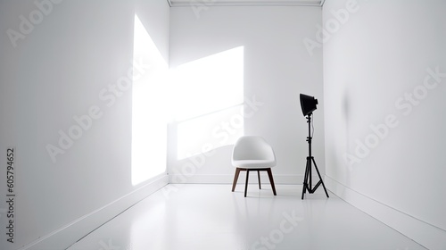 Empty white room with one white chair using studio lights to become artistic. Generative AI Technology 