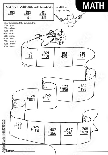 Math learning game for kids. Count and write the correct numbers on ribbon. Flying plane. Solve task with sum tens and hundreds. Worksheet at school or home. White black vector illustration