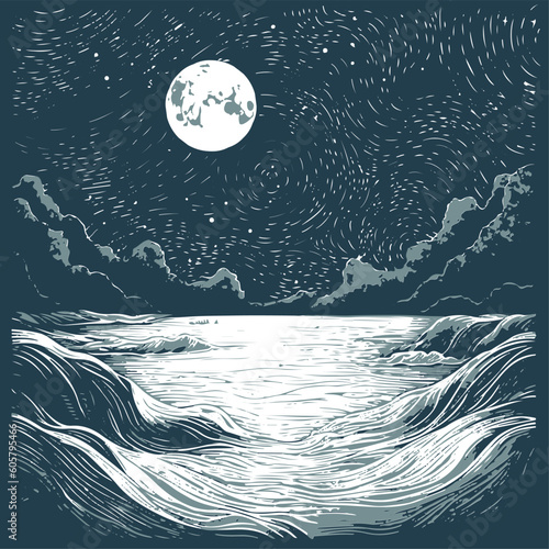 Night seascape of a stormy sea and mountains with moon and stars. Linear graphic drawing.