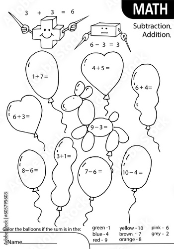 Math learning game. Addition and subtraction up to ten. Count and color the balloons. Tasks at school or at home. White black vector illustration