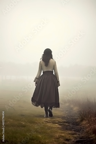 woman with dress and petticoat. dark curly hair. white shirt. retro vintage. regency, victorian, edwardian, georgian. photo