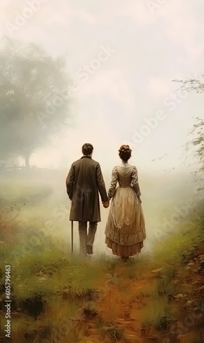 illustration of a victorian couple walking away.