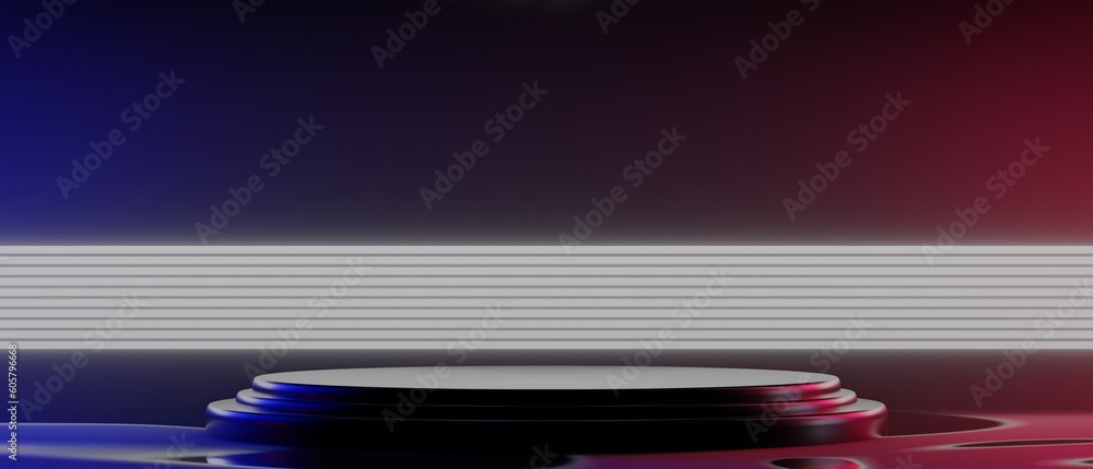 Fototapeta premium 3d illustration rendering of futuristic cyberpunk city, gaming scifi stage display pedestal background, gamer banner sign of neon glow stand podium