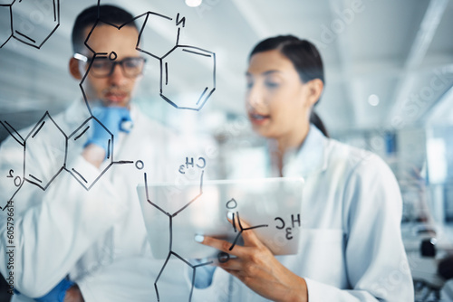 Science, tablet and man and woman with chemistry equation for medical research, formula and solution. Healthcare, teamwork and male and female scientist thinking, planning and strategy in laboratory