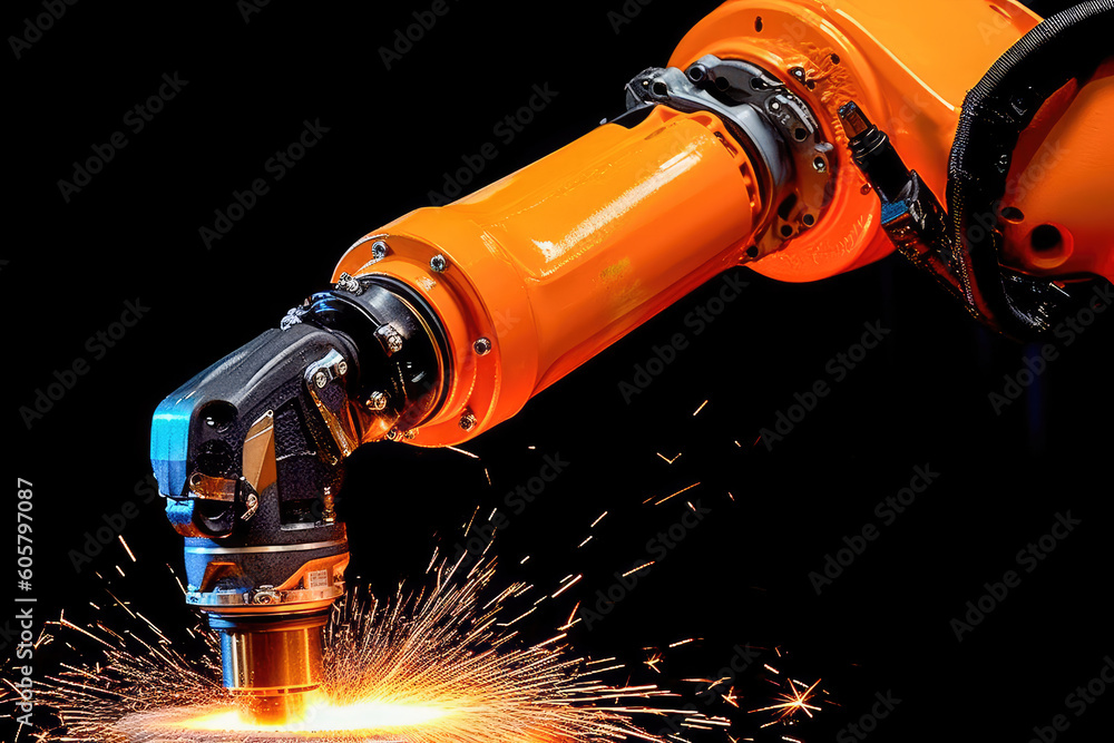 Robotic arm welding precise metal joints with high-speed torch. Generative AI Robotic arm welding precise metal joints with high-speed torch. Generative AI