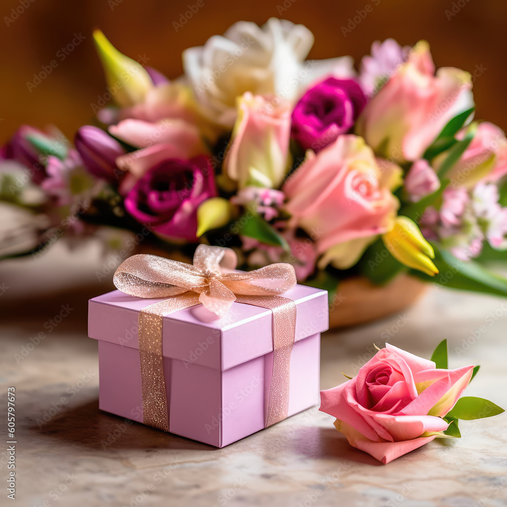 Gift box for Mother's Day with a bouquet of flowers and a greeting card. Generative AI Gift box for Mother's Day with a bouquet of flowers and a greeting card. Generative AI