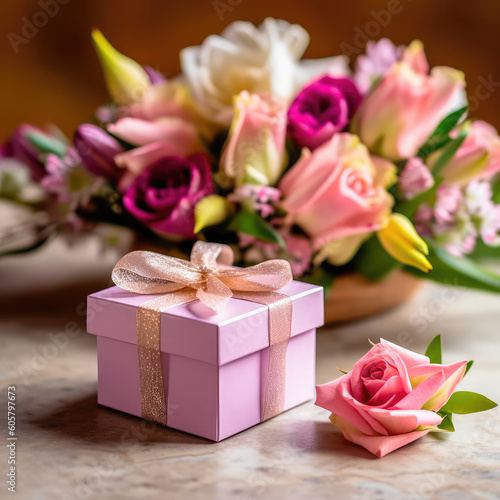 Gift box for Mother's Day with a bouquet of flowers and a greeting card. Generative AI © keks20034