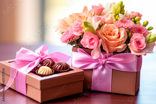 Gift box for Mother s Day with a bouquet of flowers and a greeting card. Generative AI