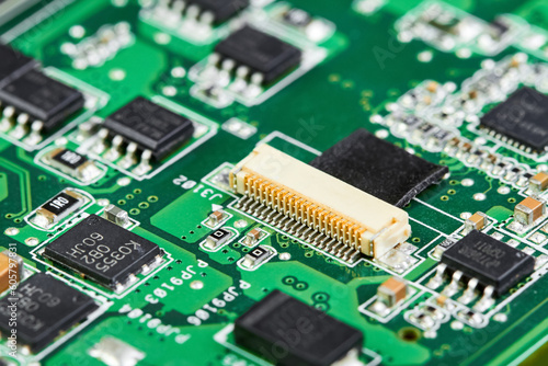 Close-up of computer chips on a part of electronic printed circuit board