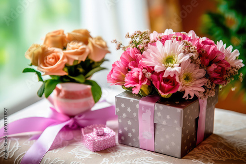 Gift box for Mother s Day with a bouquet of flowers and a greeting card. Generative AI