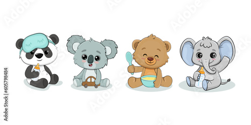 Teddy bear, panda cub, koala cub and baby elephant with milk bottle. Set of cartoon baby animals. Vector illustration