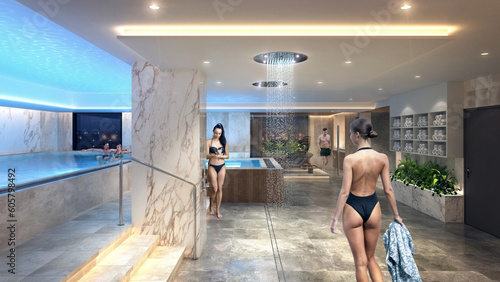 Fotografie 3d rendering of a spa with people relaxing in pools and bathtubs