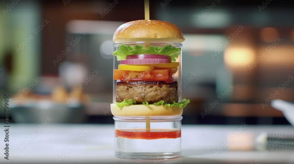 A burger in a laboratory test tube is decomposed into components. study of food and composition. illustration, generative ai
A burger in a laboratory test tube is decomposed into components. study of food and composition. illustration, generative ai