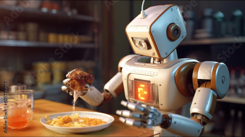 The robot eats food from a plate. Nutrition of cyborgs and machines. Illustration of future life. Generative AI