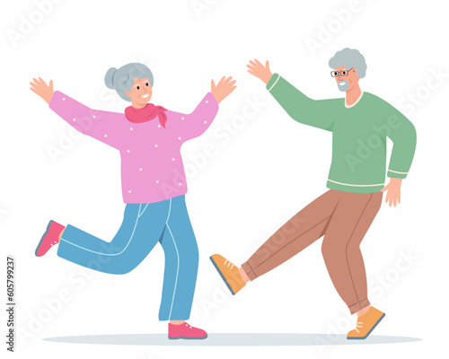 Senior man and woman dancing. Happy Elderly couple  old people active healthy lifestyle and hobbies concept. Vector cartoon or flat illustration isolated on white background.