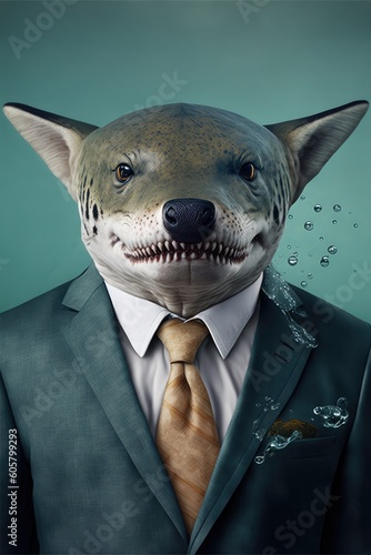 Portrait of baby tiger shark in a business suit. Generative AI