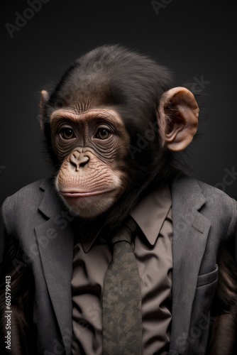 Portrait of baby chimpanzee in a business suit. Generative AI
