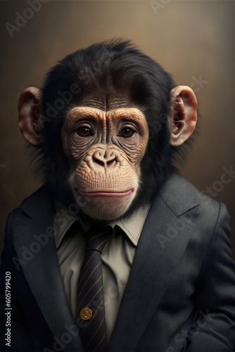 Portrait of baby chimpanzee in a business suit. Generative AI © Razvan