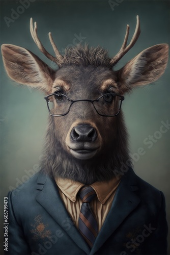Portrait of baby elk in a business suit. Generative AI