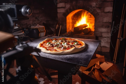 Making really Italian Pizza in the Traditional Firewood Stone Wood Fired Pizza Oven. AI Generative