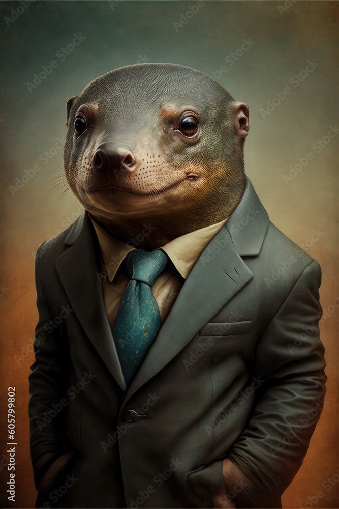 Portrait of baby platypus in a business suit. Generative AI Portrait of baby platypus in a business suit. Generative AI