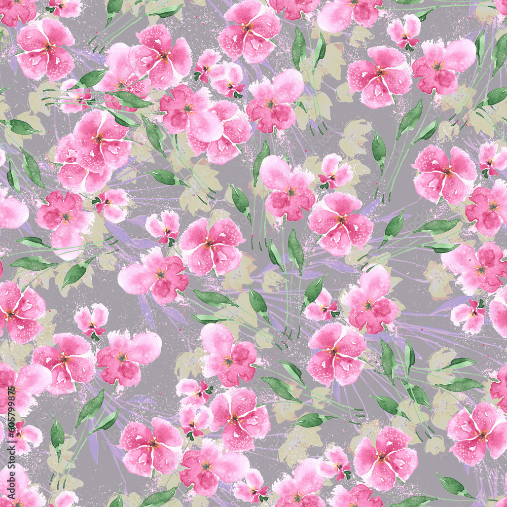 Watercolor pink flowers on gray background.  Floral spring seamless pattern for fabric and decorative paper. 