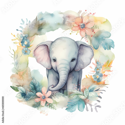 Beautifully watercolor painting of a baby elephant surrounded by a wreath of colorful flowers and leaves on white background, nursery room concept, Generative AI © Vladan