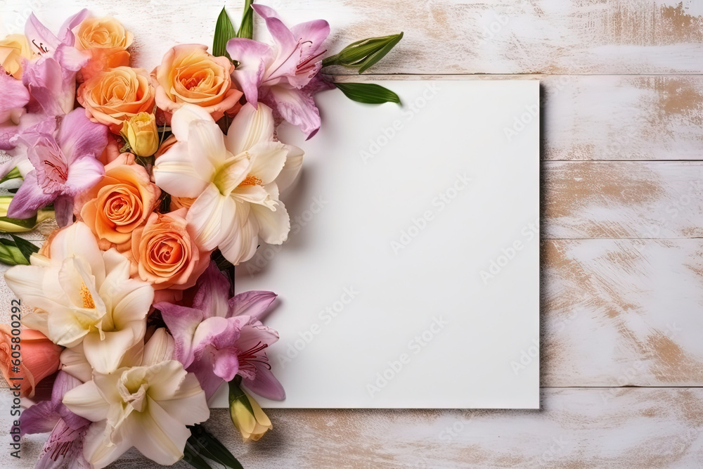 mockup white paper with flower flower arrangement over a wooden layflat
